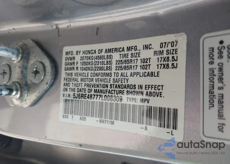 2007 Honda Cr-V Ex-L from USA, damaged, VIN 5J6RE48777L008309
